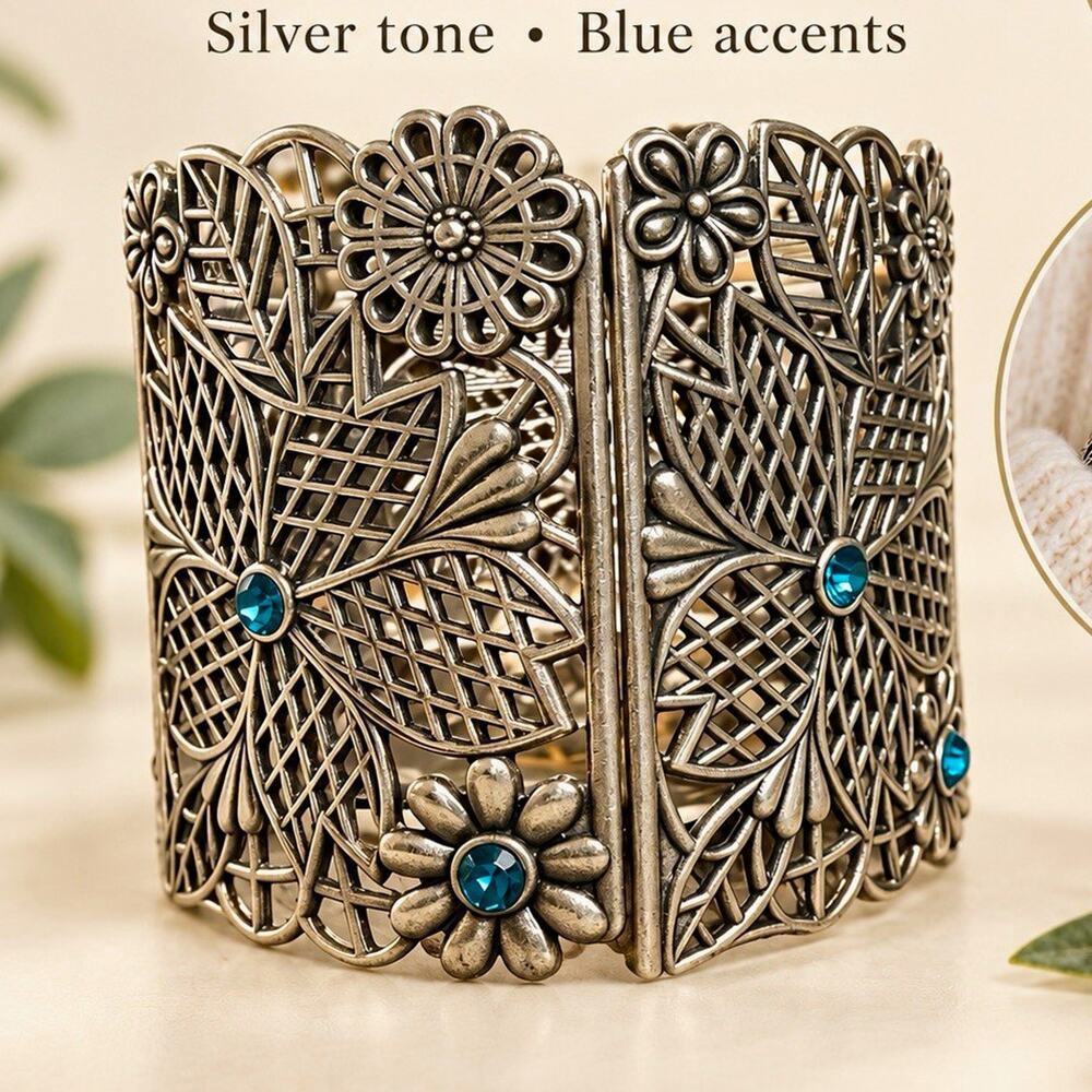 Floral Silver Tone Cuff Bracelet Blue Accents Round Stones 5 Gem Flower